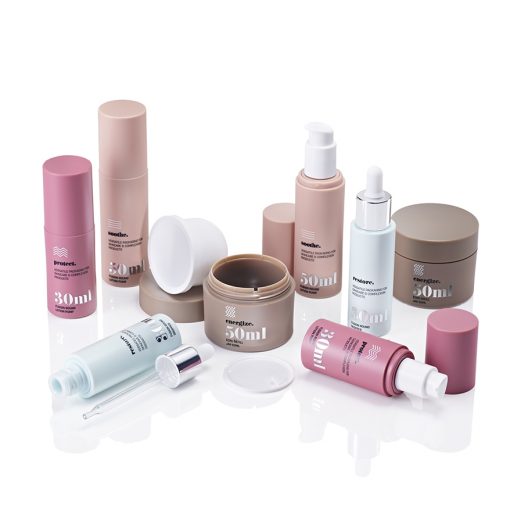 Pastel, minimalist skincare packaging, pumps, bottles, jars - manufactured by HCP Packaging