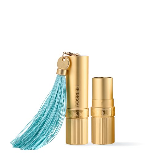 Mono-material luxury aluminium lipstick packaging with gold vintage decoration and a overized tassel