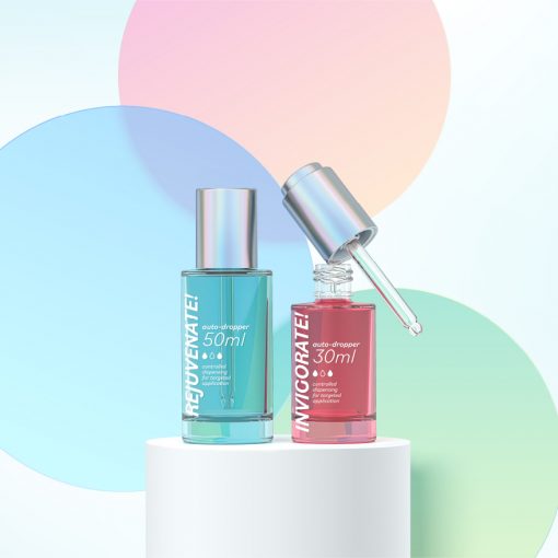 Auto-dropper packaging for skincare complexion and beauty products - serum, essence, highlighter, liquid foundation. Supplied by HCP.