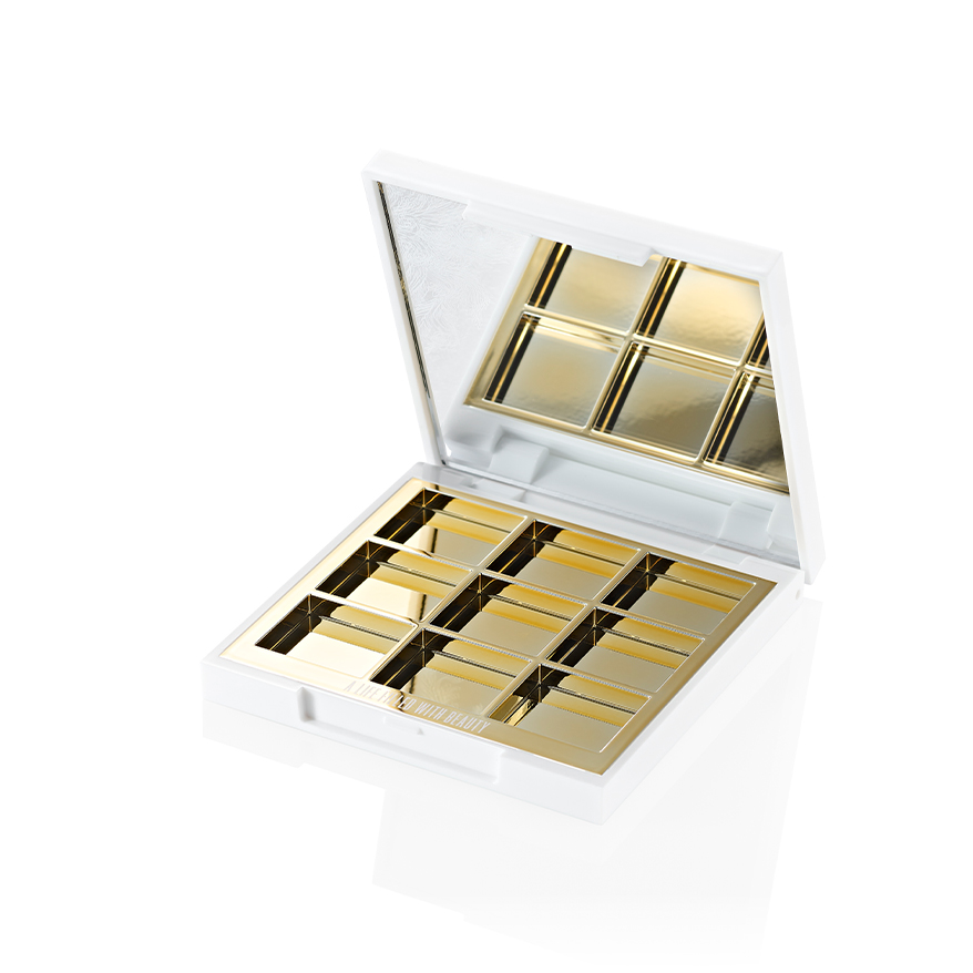 mid sized 9-well eyeshadow palette manufactured by HCP with a decorative cover