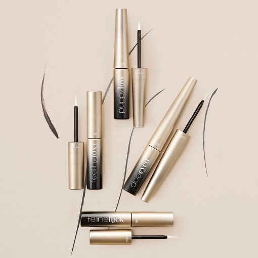 HCP’s ‘Flawless Flicks’ eyeliner collection featuring four precision applicators labeled feline-flick, feeling-foxy, puppy-love, and doe-eyed in sleek metallic packaging.
