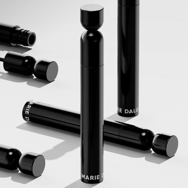 Marie Dalgar Black Sand Long-Lasting Mascara with custom curved brush and sleek black packaging, designed and supplied by HCP.