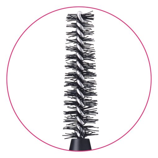 Close-up of a fibre mascara brush featuring advanced trimming and contouring, designed for volumising lash effects and precision application.