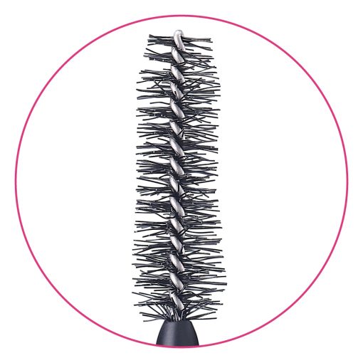 Close-up of a fibre mascara brush featuring advanced trimming and contouring, designed for volumising lash effects and precision application.
