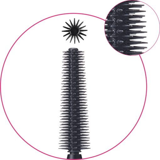 Detailed view of a precision-moulded mascara applicator showcasing micro-engineered bristles for defined lash separation and even product distribution.