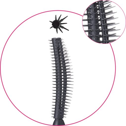 Detailed view of a precision-moulded mascara applicator showcasing micro-engineered bristles for defined lash separation and even product distribution.
