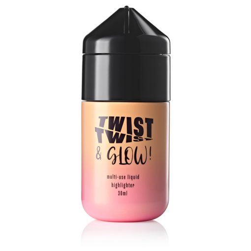 Twist Tottle 30ml ergonomic packaging in a pink-to-orange gradient design, labeled 'Twist Twist & Glow!' for a multi-use liquid highlighter.