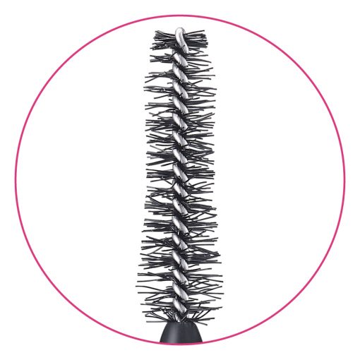 Close-up of a fibre mascara brush featuring advanced trimming and contouring, designed for volumising lash effects and precision application.